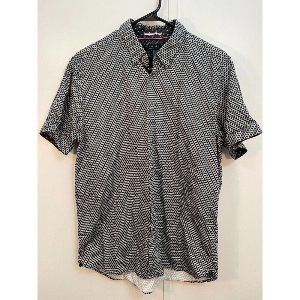 Ted Baker Mens Size 4 Short Sleeve Button Up Collared Black Geometric Shirt